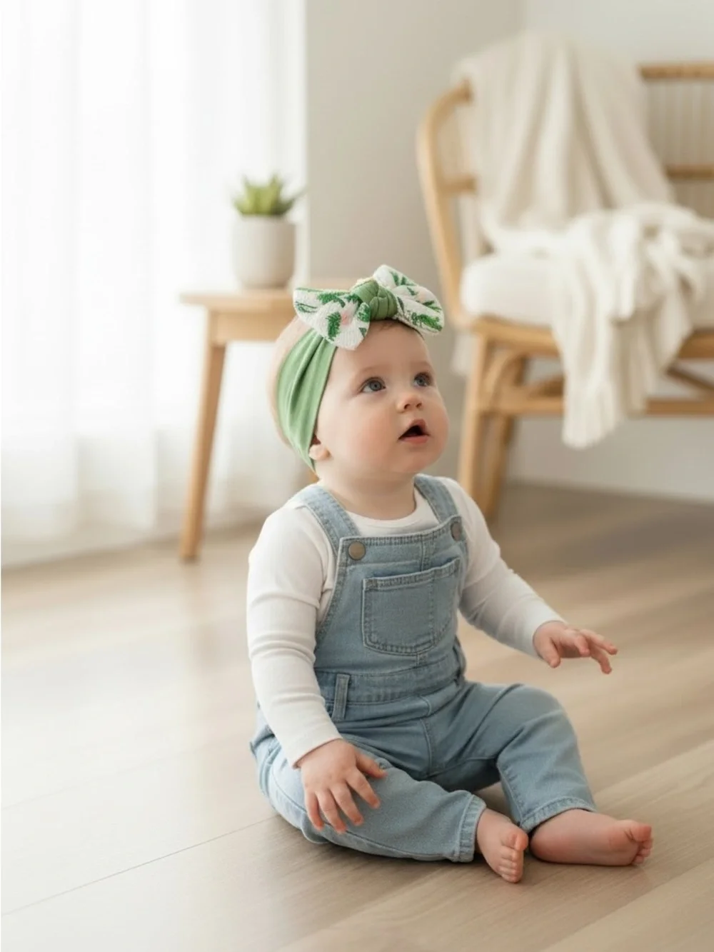 Baby & Toddler Oversized Cactus Bow Desert Blooms & Cacti Headband – Sage Green